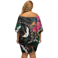 Hawaiian and Japanese Culture Off Shoulder Short Dress Crane Sakura Hibiscus Tropical Vibes LT14 - Polynesian Pride