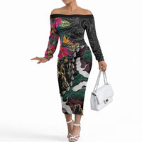 Hawaiian and Japanese Culture Off The Shoulder Long Sleeve Dress Crane Sakura Hibiscus Tropical Vibes LT14 Women Black - Polynesian Pride