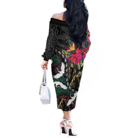 Hawaiian and Japanese Culture Off The Shoulder Long Sleeve Dress Crane Sakura Hibiscus Tropical Vibes