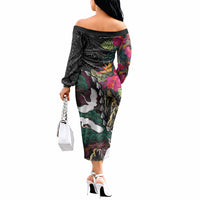 Hawaiian and Japanese Culture Off The Shoulder Long Sleeve Dress Crane Sakura Hibiscus Tropical Vibes LT14 - Polynesian Pride