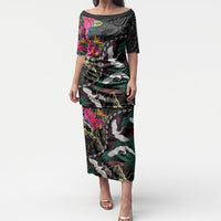 Hawaiian and Japanese Culture Puletasi Crane Sakura Hibiscus Tropical Vibes LT14 Long Dress Black - Polynesian Pride