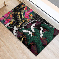 Hawaiian and Japanese Culture Rubber Doormat Crane Sakura Hibiscus Tropical Vibes
