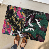 Hawaiian and Japanese Culture Rubber Doormat Crane Sakura Hibiscus Tropical Vibes