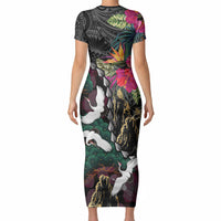 Hawaiian and Japanese Culture Short Sleeve Bodycon Dress Crane Sakura Hibiscus Tropical Vibes LT14 - Polynesian Pride