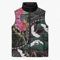 Hawaiian and Japanese Culture Sleeveless Puffer Jacket Crane Sakura Hibiscus Tropical Vibes
