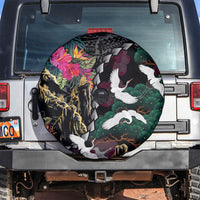 Hawaiian and Japanese Culture Spare Tire Cover Crane Sakura Hibiscus Tropical Vibes