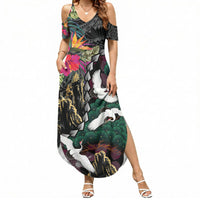 Hawaiian and Japanese Culture Summer Maxi Dress Crane Sakura Hibiscus Tropical Vibes LT14 Women Black - Polynesian Pride