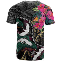 Hawaiian and Japanese Culture T Shirt Crane Sakura Hibiscus Tropical Vibes
