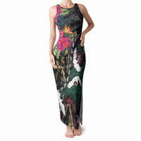 Hawaiian and Japanese Culture Tank Maxi Dress Crane Sakura Hibiscus Tropical Vibes LT14 Women Black - Polynesian Pride