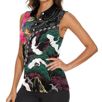 Hawaiian and Japanese Culture Women Sleeveless Polo Shirt Crane Sakura Hibiscus Tropical Vibes