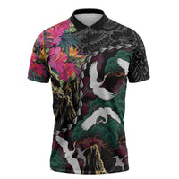 Hawaiian and Japanese Culture Zipper Polo Shirt Crane Sakura Hibiscus Tropical Vibes LT14 Black - Polynesian Pride
