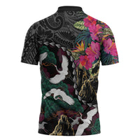Hawaiian and Japanese Culture Zipper Polo Shirt Crane Sakura Hibiscus Tropical Vibes LT14 - Polynesian Pride