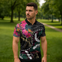 Hawaiian and Japanese Culture Zipper Polo Shirt Crane Sakura Hibiscus Tropical Vibes LT14 - Polynesian Pride