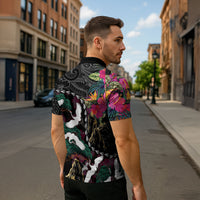 Hawaiian and Japanese Culture Zipper Polo Shirt Crane Sakura Hibiscus Tropical Vibes LT14 - Polynesian Pride