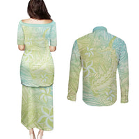 Baby Green Gradient Polynesia Couples Matching Puletasi and Long Sleeve Button Shirt Hawaiian Tribal Hammerhead Shark Tattoo