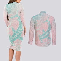 Baby Pink Gradient Polynesia Couples Matching Long Sleeve Bodycon Dress and Long Sleeve Button Shirt Hawaiian Tribal Hammerhead Shark Tattoo