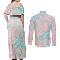 Baby Pink Gradient Polynesia Couples Matching Off Shoulder Maxi Dress and Long Sleeve Button Shirt Hawaiian Tribal Hammerhead Shark Tattoo