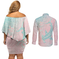 Baby Pink Gradient Polynesia Couples Matching Off Shoulder Short Dress and Long Sleeve Button Shirt Hawaiian Tribal Hammerhead Shark Tattoo