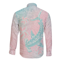 Baby Pink Gradient Polynesia Long Sleeve Button Shirt Hawaiian Tribal Hammerhead Shark Tattoo LT14 - Polynesian Pride