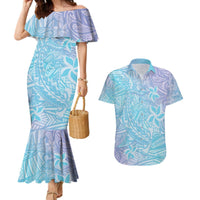 Baby Blue Gradient Polynesia Couples Matching Mermaid Dress and Hawaiian Shirt Hawaiian Tribal Hammerhead Shark Tattoo