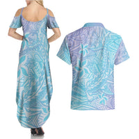 Baby Blue Gradient Polynesia Couples Matching Summer Maxi Dress and Hawaiian Shirt Hawaiian Tribal Hammerhead Shark Tattoo