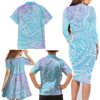 Baby Blue Gradient Polynesia Family Matching Long Sleeve Bodycon Dress and Hawaiian Shirt Hawaiian Tribal Hammerhead Shark Tattoo