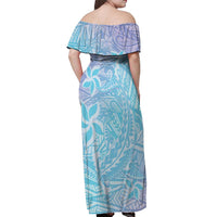 Baby Blue Gradient Polynesia Off Shoulder Maxi Dress Hawaiian Tribal Hammerhead Shark Tattoo