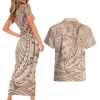 Pastel Brown Polynesia Couples Matching Short Sleeve Bodycon Dress and Hawaiian Shirt Hawaiian Tribal Hammerhead Shark Tattoo LT14