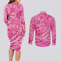 Beige Gradient Polynesia Couples Matching Long Sleeve Bodycon Dress and Long Sleeve Button Shirt Hawaiian Tribal Hammerhead Shark Tattoo