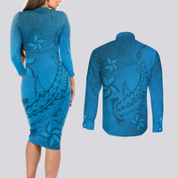 Blue Gradient Polynesia Couples Matching Long Sleeve Bodycon Dress and Long Sleeve Button Shirt Hawaiian Tribal Hammerhead Shark Tattoo
