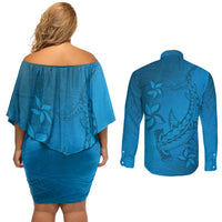 Blue Gradient Polynesia Couples Matching Off Shoulder Short Dress and Long Sleeve Button Shirt Hawaiian Tribal Hammerhead Shark Tattoo