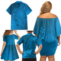Blue Gradient Polynesia Family Matching Off Shoulder Short Dress and Hawaiian Shirt Hawaiian Tribal Hammerhead Shark Tattoo