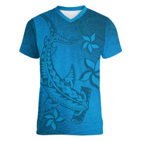 Blue Gradient Polynesia Women V-Neck T-Shirt Hawaiian Tribal Hammerhead Shark Tattoo