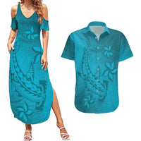 Dark Cyan Gradient Polynesia Couples Matching Summer Maxi Dress and Hawaiian Shirt Hawaiian Tribal Hammerhead Shark Tattoo