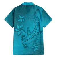 Dark Cyan Gradient Polynesia Family Matching Puletasi and Hawaiian Shirt Hawaiian Tribal Hammerhead Shark Tattoo
