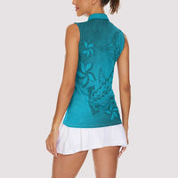 Dark Cyan Gradient Polynesia Women Sleeveless Polo Shirt Hawaiian Tribal Hammerhead Shark Tattoo