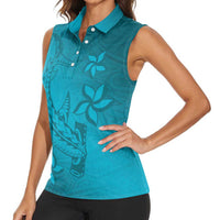 Dark Cyan Gradient Polynesia Women Sleeveless Polo Shirt Hawaiian Tribal Hammerhead Shark Tattoo