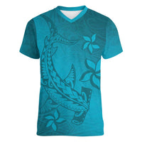 Dark Cyan Gradient Polynesia Women V-Neck T-Shirt Hawaiian Tribal Hammerhead Shark Tattoo