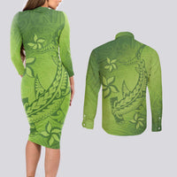 Green Gradient Polynesia Couples Matching Long Sleeve Bodycon Dress and Long Sleeve Button Shirt Hawaiian Tribal Hammerhead Shark Tattoo