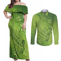 Green Gradient Polynesia Couples Matching Off Shoulder Maxi Dress and Long Sleeve Button Shirt Hawaiian Tribal Hammerhead Shark Tattoo