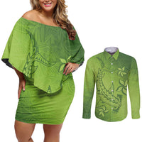 Green Gradient Polynesia Couples Matching Off Shoulder Short Dress and Long Sleeve Button Shirt Hawaiian Tribal Hammerhead Shark Tattoo