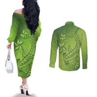 Green Gradient Polynesia Couples Matching Off The Shoulder Long Sleeve Dress and Long Sleeve Button Shirt Hawaiian Tribal Hammerhead Shark Tattoo