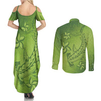 Green Gradient Polynesia Couples Matching Summer Maxi Dress and Long Sleeve Button Shirt Hawaiian Tribal Hammerhead Shark Tattoo