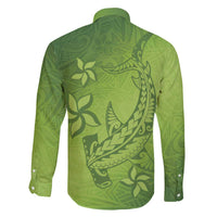 Green Gradient Polynesia Family Matching Off The Shoulder Long Sleeve Dress and Hawaiian Shirt Hawaiian Tribal Hammerhead Shark Tattoo LT14 - Polynesian Pride