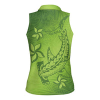 Green Gradient Polynesia Women Sleeveless Polo Shirt Hawaiian Tribal Hammerhead Shark Tattoo