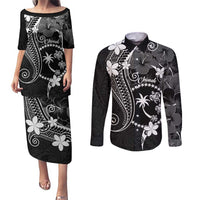 FSM Chuuk Couples Matching Puletasi and Long Sleeve Button Shirt Turtle Tropical Flowers Polynesian - Black LT14 Black - Polynesian Pride