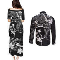 FSM Chuuk Couples Matching Puletasi and Long Sleeve Button Shirt Turtle Tropical Flowers Polynesian - Black LT14 - Polynesian Pride