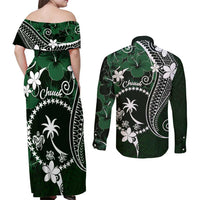 FSM Chuuk Couples Matching Off Shoulder Maxi Dress and Long Sleeve Button Shirt Turtle Tropical Flowers Polynesian - Green LT14 - Polynesian Pride