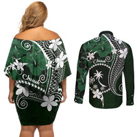 FSM Chuuk Couples Matching Off Shoulder Short Dress and Long Sleeve Button Shirt Turtle Tropical Flowers Polynesian - Green LT14 - Polynesian Pride