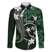 FSM Chuuk Family Matching Off Shoulder Short Dress and Hawaiian Shirt Turtle Tropical Flowers Polynesian - Green LT14 Dad's Shirt - Long Sleeve Green - Polynesian Pride